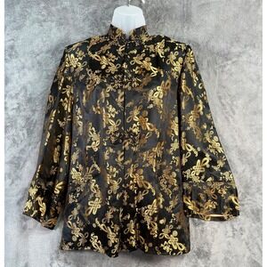 Dynasty Hong Kong Silk Jacket 16 20x28 Black Gold Mandarin Frog Closure Vtg 60s*